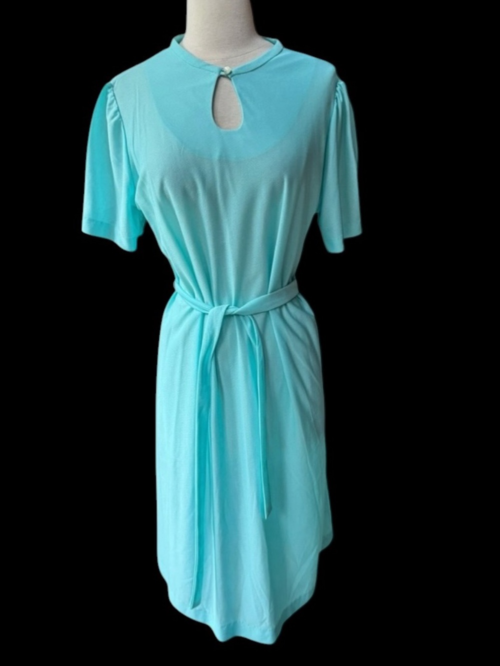 NWOT 1970s Pale Aqua Polyester Midi Dress w/Matching Belt